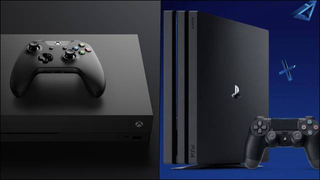 Xbox One X (2017) and PS4 Pro (2016), improved intergenerational versions, compatible with Microsoft and Sony 4K resolution.