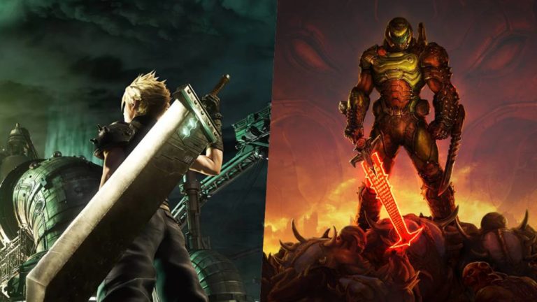 Doom Eternal and Final Fantasy VII Remake crossover in a Bethesda illustration