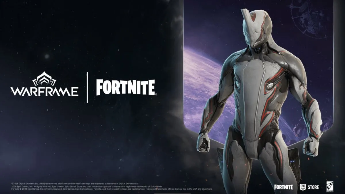 Logos for Warframe and Fortnite with the Excalibur skin