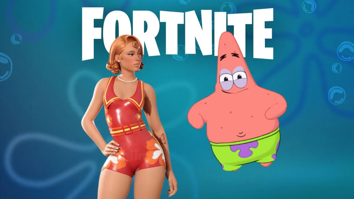 Ice Spice and Patrick Star in front of a bikini bottom background and Fortnite logo