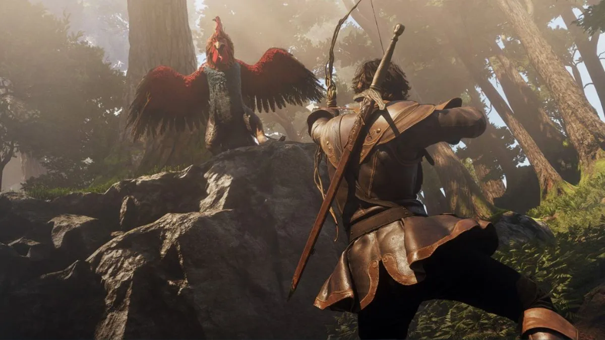 Character fighting monster with bow and arrow