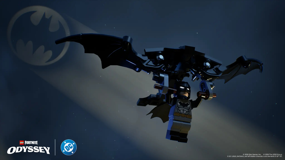LEGO Batman gliding with the Bat-glider in LEGO Fortnite Odyssey featured image.