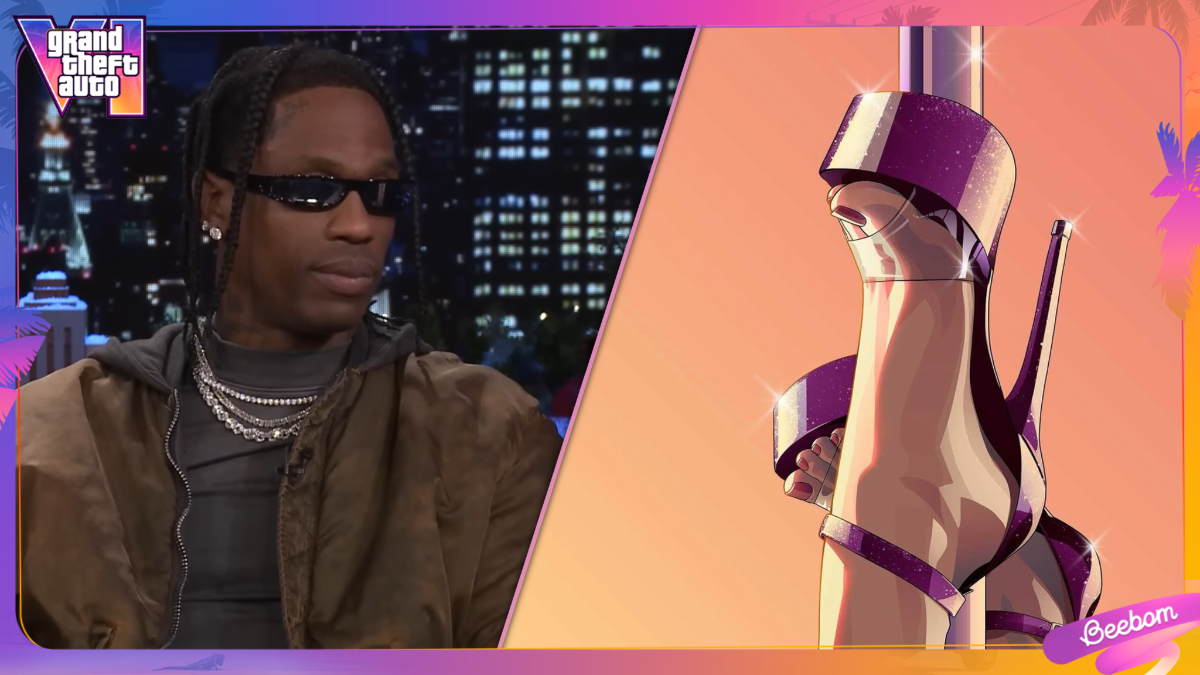 Travis Scott on a Late Night show (left), Travis Scott