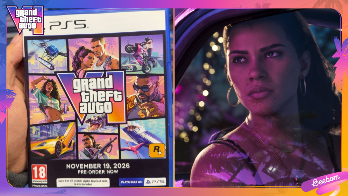 GTA 6 pre-release case (left), Lucia in a car in GTA 6 (right).