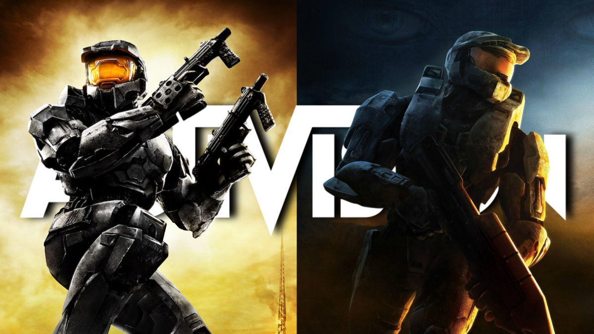 Master Chief in Halo 2: Anniversary (left), Master Chief in Halo 3 (right) with the Activision logo in the background.
