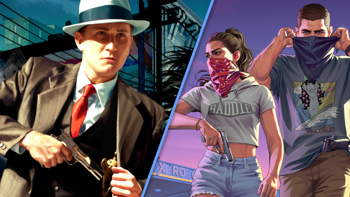 Cole Phelps in LA Noire (left), Jason and Lucia in GTA 6 Extended Look promo (right)