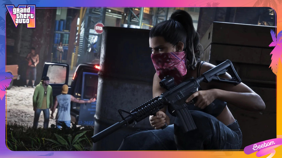 Photo: freegametips.com Lucia hiding behind some barrels with an assault rifle in GTA 6