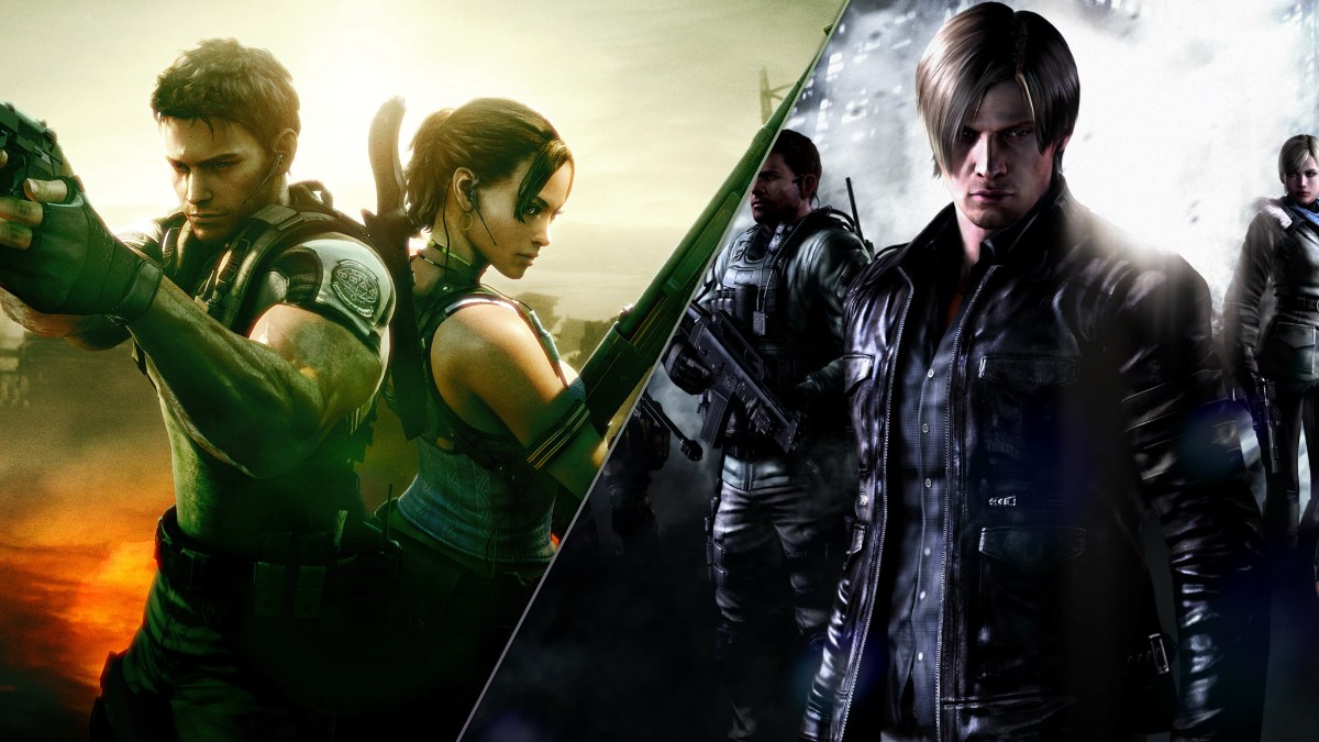 Resident Evil 5 key art with Chris and Sheva (left), Resident Evil 6 key art with Leon, Helena, Chris, Piers, Jake, Sherry, and Ada (right).