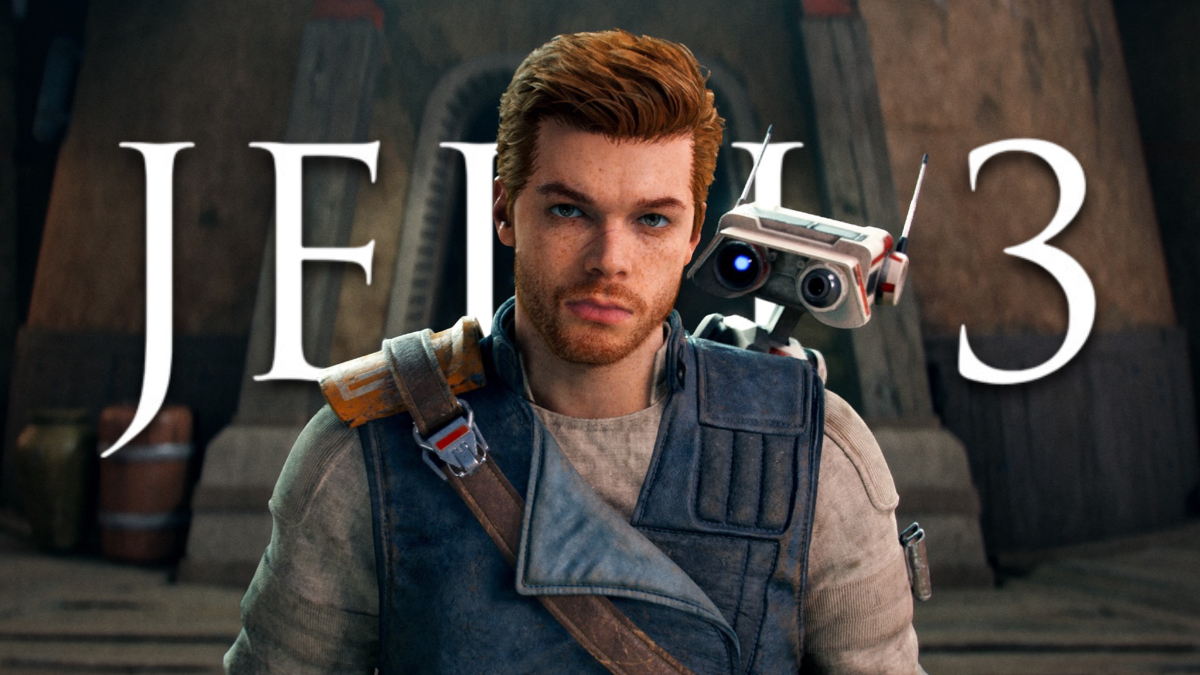 Cal Kestis in Star Wars Jedi: Survivor, with the Jedi 3 unofficial logo in the background.