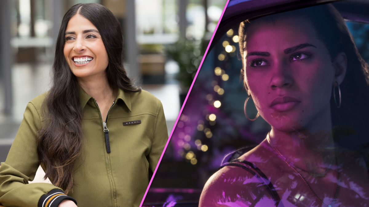Asha Sharma in the Xbox office (left), Lucia inside a car in GTA 6 (right).