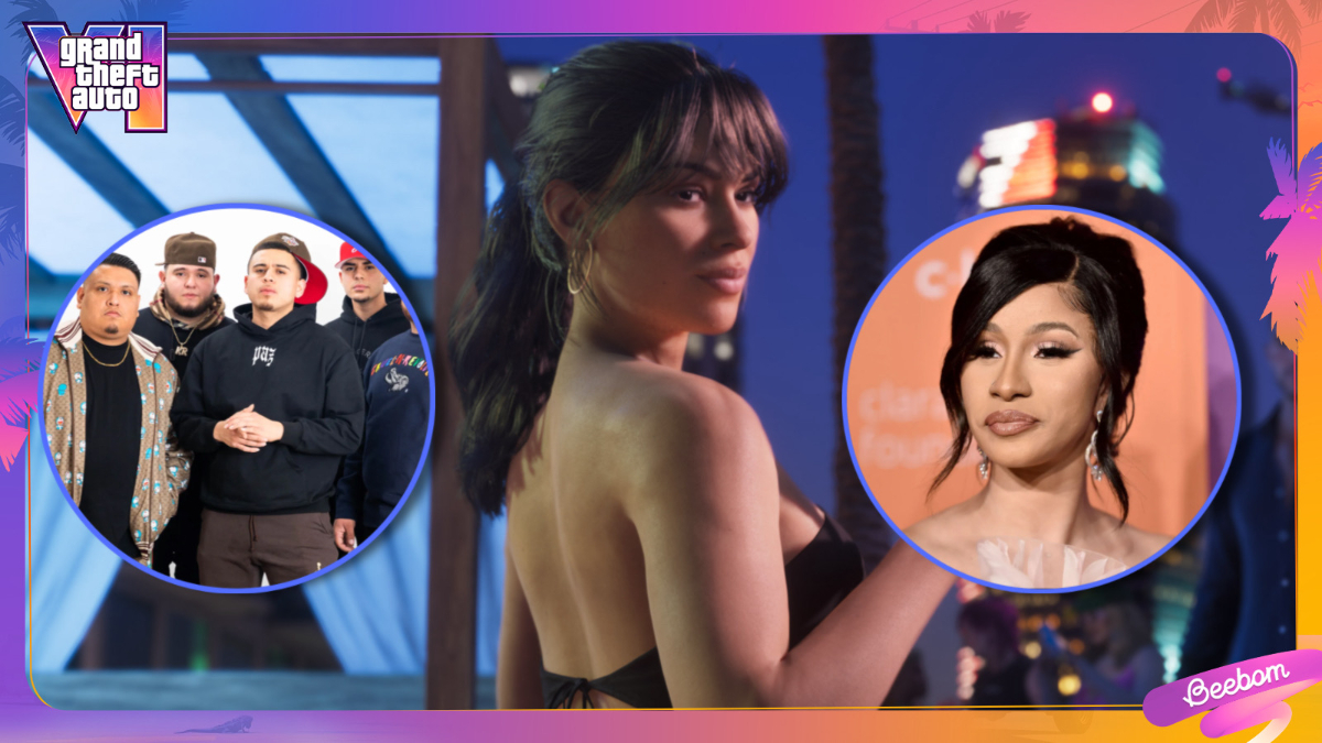 GTA 6 image with Lucia with Fuerza Regida and Cardi B on each of her sides.