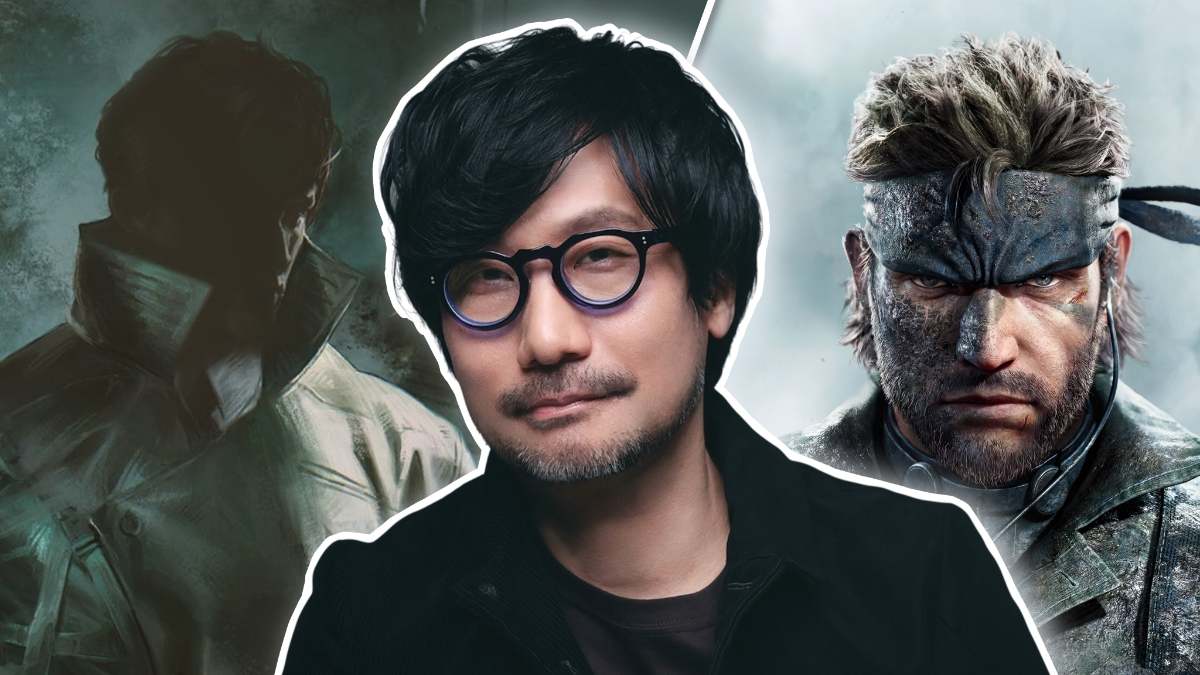 Hideo Kojima with the PHYSINT poster and the Metal Gear Solid: Delta remake poster behind him.