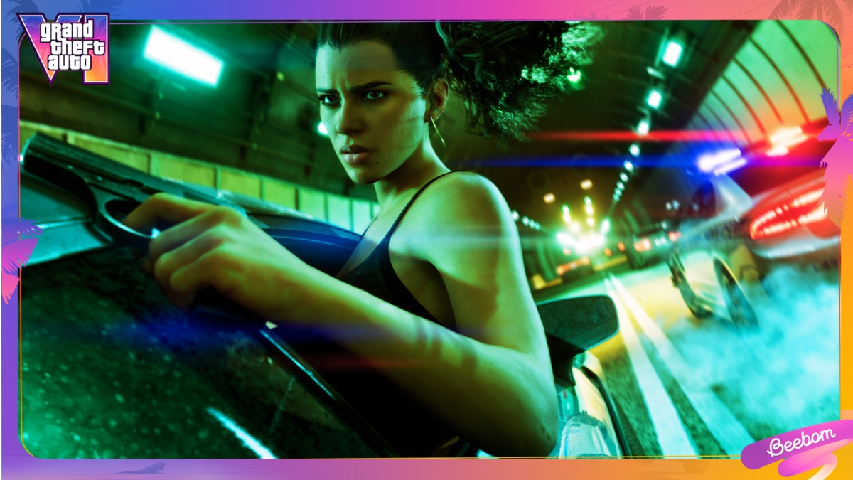 GTA 6 Lucia hanging out of a car chased by police
