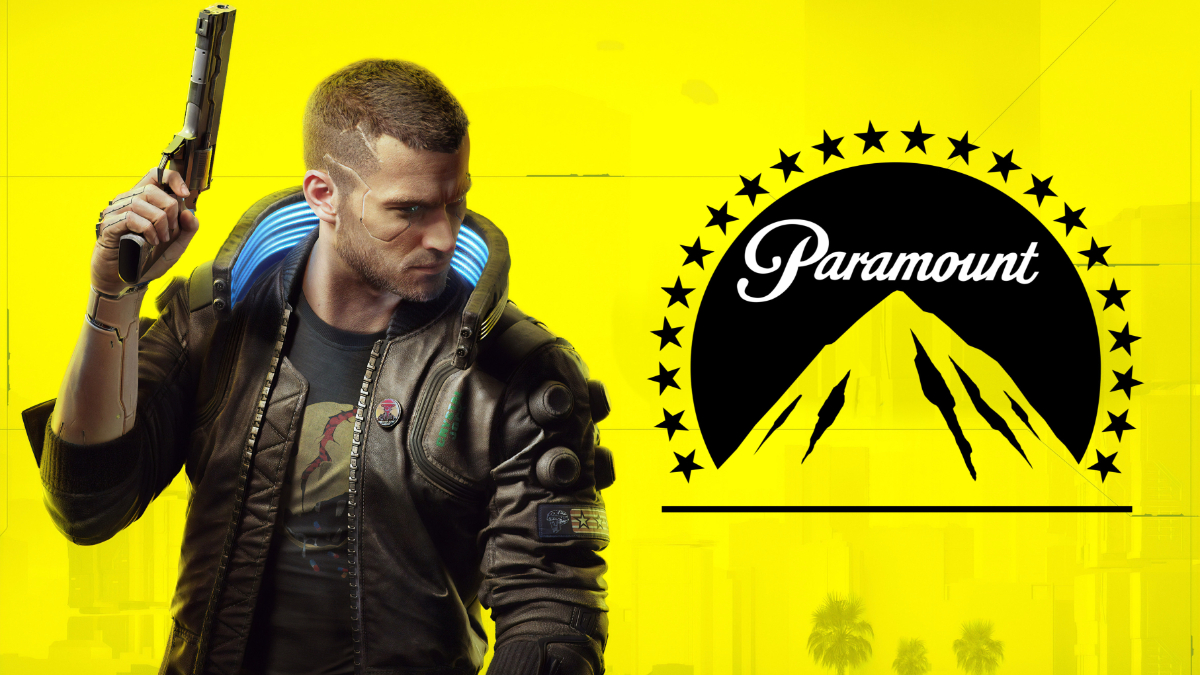 Cyberpunk 2077 game image with V and the Paramount logo.