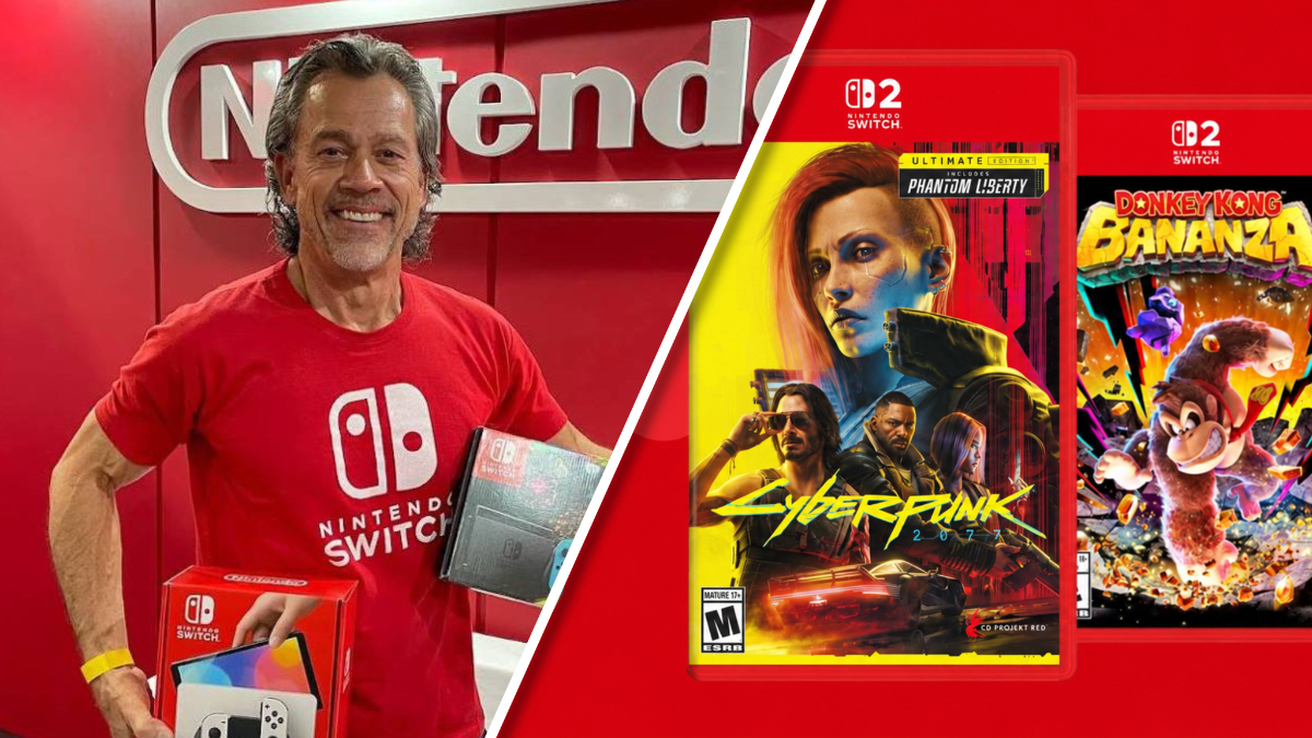 Nintendo Latin America VP Bill van Zyll (left), Nintendo Switch 2 physical games (right).
