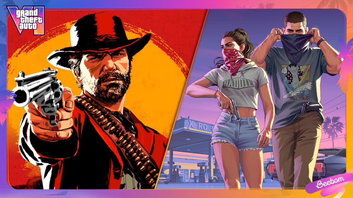 Red Dead Redemption 2 cover image with Arthur Morgan (left), Lucia and Jason in the GTA 6 Extended Look promo (right).