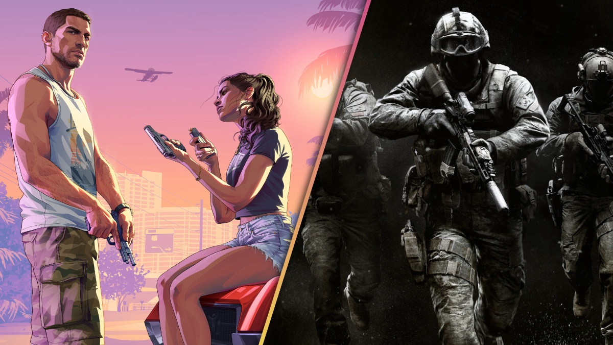Jason and Lucia in the GTA 6 Lock and Load artwork (left), Call of Duty: Modern Warfare 4 cover image with soldiers (right).